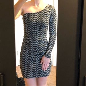 One shoulder glitter cocktail dress sleeve NYE